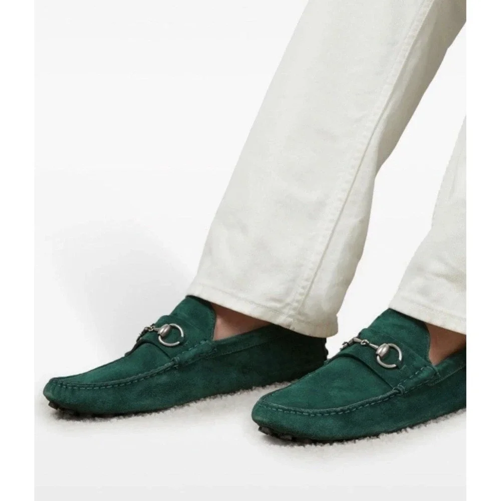 Gucci Men's Driver Loafers Moccasin GG Horsebit Vintage Green Suede UK 9 US 9.5